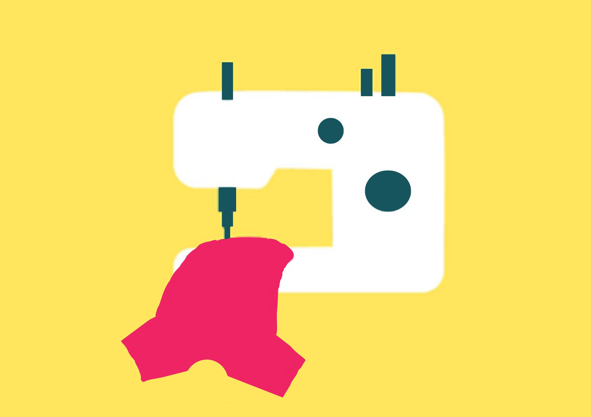 Picture of a white sewing machine stitching a pink shirt on a yellow background